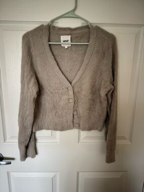 aerie Fuzzy Taupe V-Neck Button-Front Cardigan